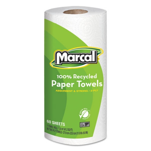 Picture of 100% Premium Recycled Kitchen Roll Towels, 2-Ply, 11 x 9, White, 60 Sheets, 15 Rolls/Carton