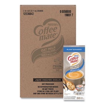 Picture of Plant-Based Oat Milk Liquid Creamers, Natural Vanilla, 0.38 oz Mini Cups, 50/Box, 4 Boxes/Carton
