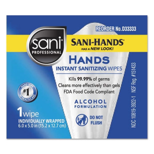 Picture of Hands Instant Sanitizing Wipes, Individually Wrapped Wipes, 1-Ply, 5 x 7.75, Unscented, White, 3,000 Packets/Carton