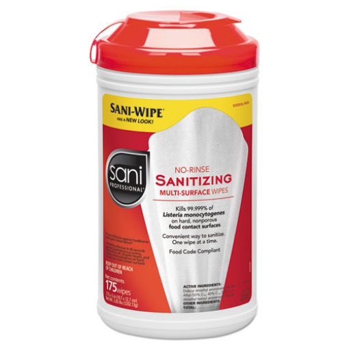 Picture of No-Rinse Sanitizing Multi-Surface Wipes, Unscented, White, 175/Container, 6/Carton