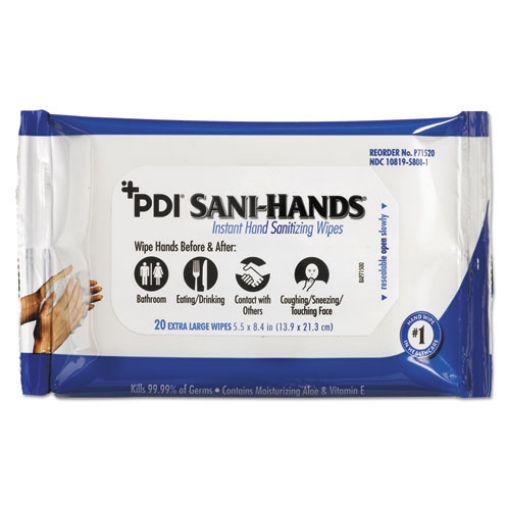 Picture of PDI Sani-Hands Instant Hand Sanitizing Wipes, 1-Ply, 5.5 x 8.4, White, 20/Pack, 48 Packs/Carton