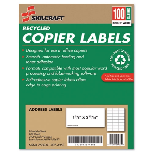 Picture of 7530012074363 Skilcraft Recycled Copier Labels, Copiers, 1.38 X 2.81, White, 24/sheet, 100 Sheets/box