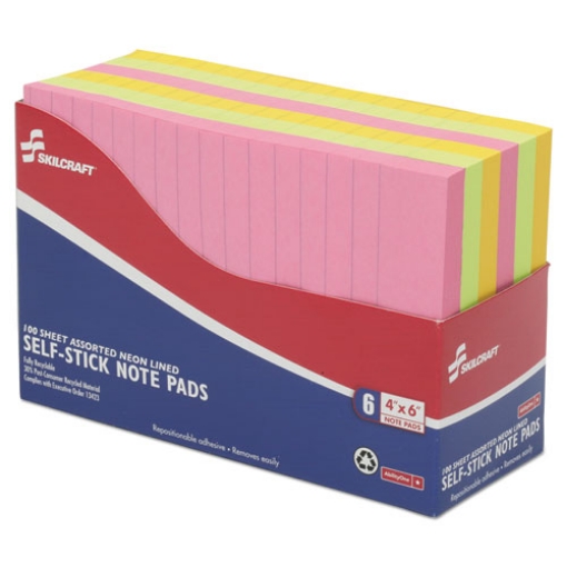 Picture of 7530014181212 SKILCRAFT Self-Stick Note Pads, Note Ruled, 4" x 6", Assorted Neon Colors, 100 Sheets/Pad, 6 Pads/Pack