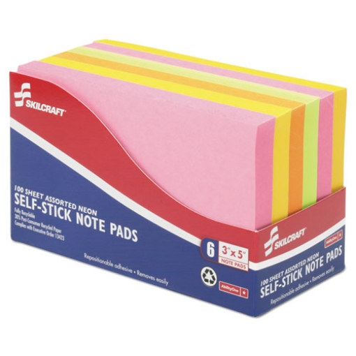 Picture of 7530014181420 SKILCRAFT Self-Stick Note Pads, 3" x 5", Assorted Neon Colors, 100 Sheets/Pad, 6 Pads/Pack