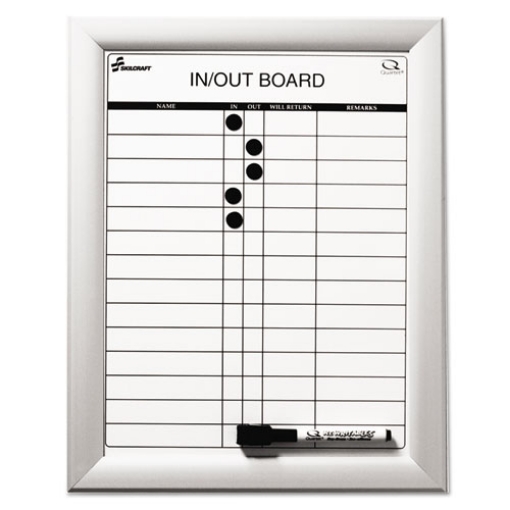 Picture of 7520014845261 SKILCRAFT Quartet Magnetic In/Out Board, Up to 14 Employees, 11 x 14, White Surface, Anodized Aluminum Frame