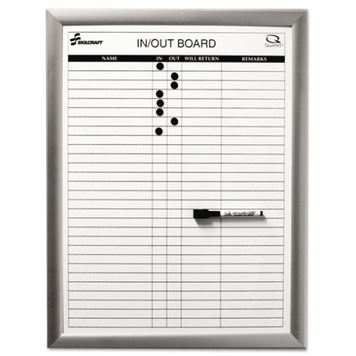 Picture of 7110015680403 SKILCRAFT Quartet Magnetic In/Out Board, Up to 29 Employees, 18 x 24, White Surface, Anodized Aluminum Frame