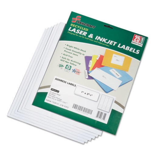 Picture of 7530015789292 Skilcraft Recycled Laser And Inkjet Labels, Inkjet/laser Printers, 1 X 2.63, White, 30/sheet, 25 Sheets/pack