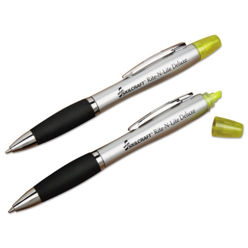 Picture of 7520016206416 Skilcraft Rite-N-Lite Deluxe, Fluorescent Yellow/black Ink, Chisel/conical Tips, Silver/black Barrel, Dozen