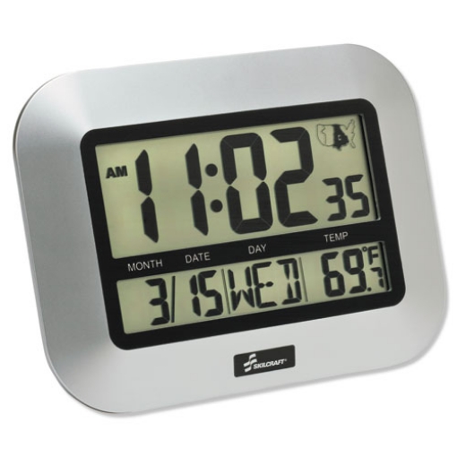 Picture of 6645016611877 SKILCRAFT LCD Digital Radio-Controlled Clock, 7.25" x 9.75", Silver Case, 2 AAA (sold separately)