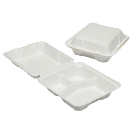 Picture of 7350016646909, SKILCRAFT Clamshell Hinged Lid ToGo Food Containers, 3 Compartment, 8 x 8 x 3, White, Paper, 200/Box