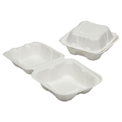 Picture of 7350016646906, SKILCRAFT Clamshell Hinged Lid ToGo Food Containers, 6 x 6 x 3, White, Paper, 400/Box