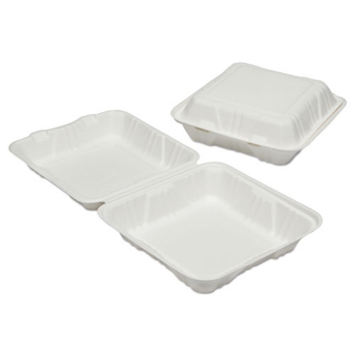 Picture of 7350016646907, SKILCRAFT Clamshell Hinged Lid ToGo Food Containers, 9 x 9 x 3, White, Paper, 200/Box