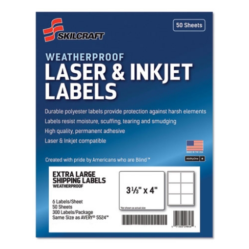 Picture of 7530016736217 Skilcraft Weatherproof Mailing Labels, Inkjet/laser Printers, 3.33 X 4, White, 6/sheet, 50 Sheets/pack