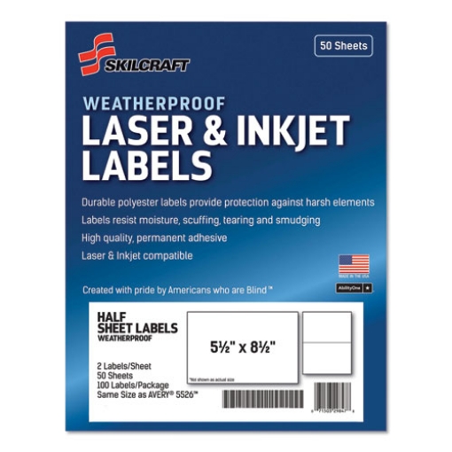 Picture of 7530016736219 Skilcraft Weatherproof Mailing Labels, Laser Printers, 5.5 X 8.5, White, 2/sheet, 50 Sheets/pack