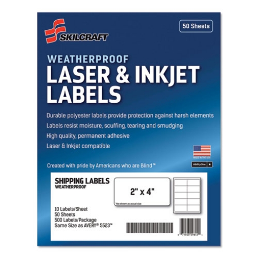 Picture of 7530016736220 Skilcraft Weatherproof Mailing Labels, Laser Printers, 2 X 4, White, 10/sheet, 50 Sheets/pack