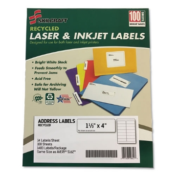 Picture of 7530016736513 Skilcraft Recycled Laser And Inkjet Labels, Inkjet/laser Printers, 1.33 X 4, White, 14/sheet, 100 Sheets/box