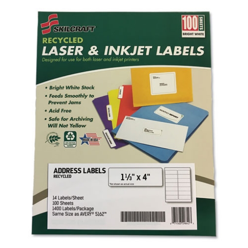 Picture of 7530016736513 Skilcraft Recycled Laser And Inkjet Labels, Inkjet/laser Printers, 1.33 X 4, White, 14/sheet, 100 Sheets/box