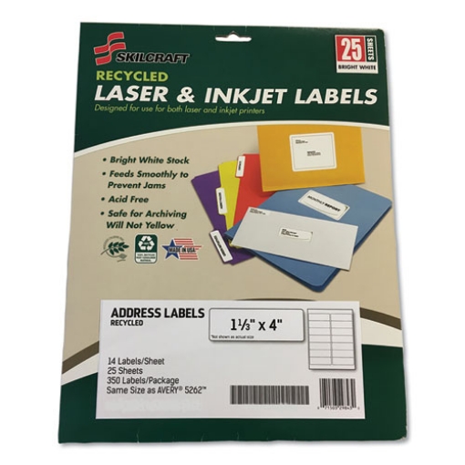 Picture of 7530016736514 Skilcraft Recycled Laser And Inkjet Labels, Inkjet/laser Printers, 1.33 X 4, White, 14/sheet, 25 Sheets/pack