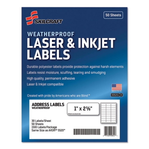 Picture of 7530016736516 Skilcraft Weatherproof Mailing Labels, Laser Printers, 1 X 2.63, White, 30/sheet, 50 Sheets/box