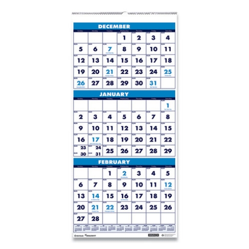 Picture of 7510016828099 SKILCRAFT Wirebound 3-Month-View Vertical Wall Calendar, 12.25 x 26, White/Blue, 14-Month (Dec-Jan): 2023-2025