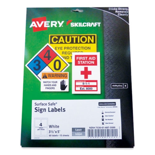 Picture of 7530016875089 Skilcraft/avery Surface Safe Sign Labels, 3.5 X 5, White, 4/sheet, 15 Sheets/box, 12 Boxes/carton