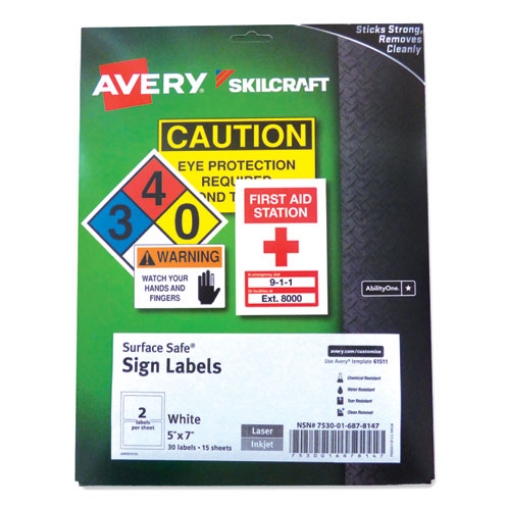 Picture of 7530016878147 Skilcraft/avery Surface Safe Sign Labels, 5 X 7, White, 2/sheet, 15 Sheets/box, 12 Boxes/box