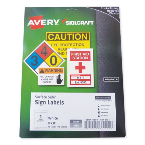 Picture of 7530016878151 Skilcraft/avery Surface Safe Sign Labels, 8 X 8, White, 1/sheet, 15 Sheets/box, 12 Boxes/box