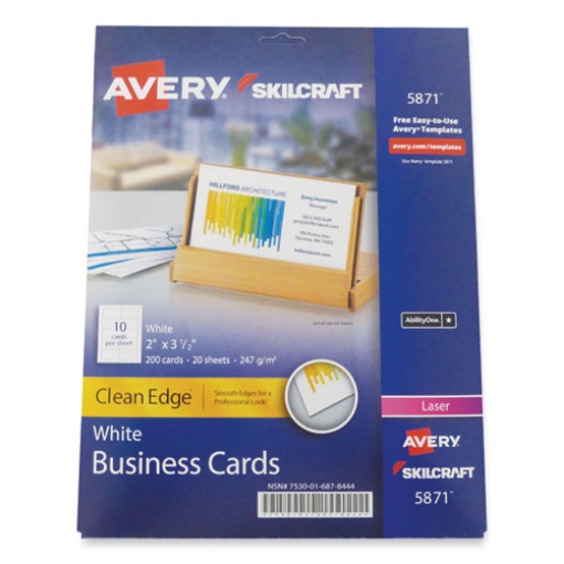 Picture of 7530016878444 Skilcraft/avery Clean Edge Business Cards, Laser, 3.5 X 2, White, 200 Cards, 10 Cards/sheet, 20 Sheets/pack