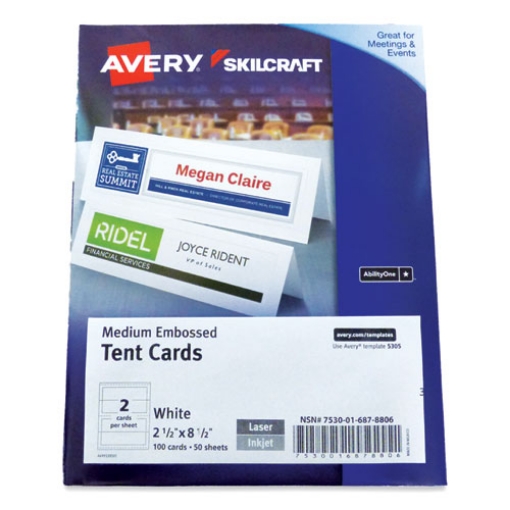 Picture of 7530016878806 Skilcraft/avery Tent Cards, White, 2.5 X 8.5, 2 Cards/sheet, 50 Sheets/pack