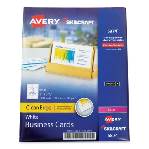 Picture of 7530016880800 Skilcraft/avery Clean Edge Business Cards, Laser, 3.5 X 2, White, 1,000 Cards, 10 Cards/sheet, 100 Sheets/box