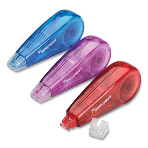 Picture of 7510016919221 SKILCRAFT Correction Tape Mini-Dispenser, Non-Refillable, Blue/Purple/Red, 0.2" x 236", 3/Pack