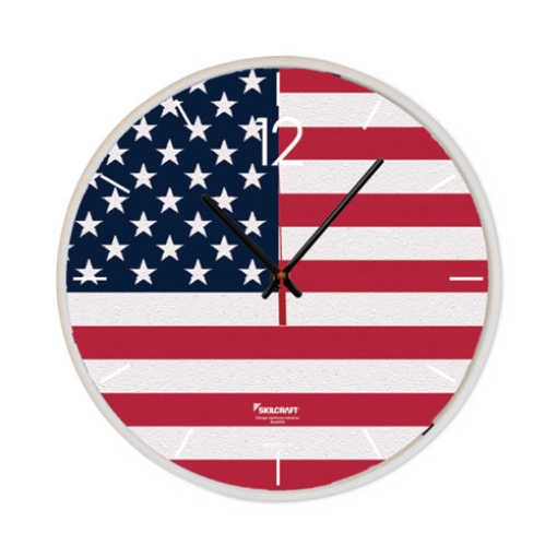 Picture of 6645016986559 SKILCRAFT American Flag Quartz Wall Clock, 12.75" Overall Diameter, White Case, 1 AA (sold separately)