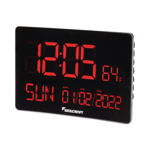 Picture of 6645016988078 SKILCRAFT LED Self-set Digital Clock, 9.7" x 6.3", Black Case, AC Powered, 1 CR2032 (included)