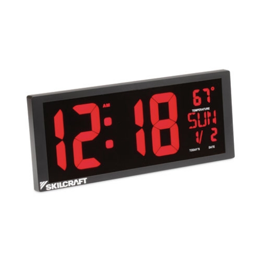 Picture of 6645016988079 SKILCRAFT LED Self-set Digital Clock, 14.4" x 5.9", Black Case, AC Powered, 2 AA (sold separately)