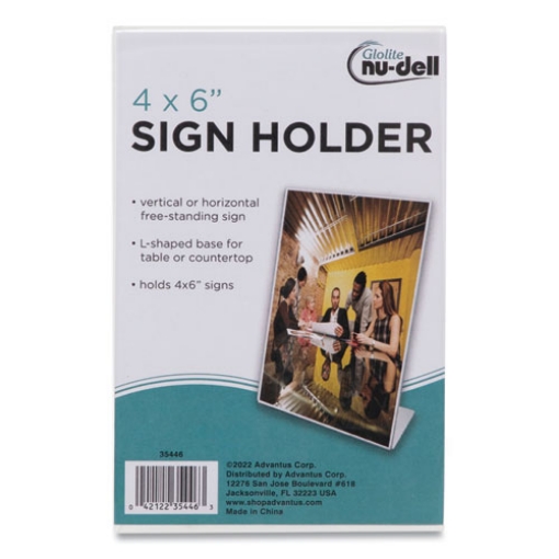 Picture of Clear Plastic Slanted L-Shaped Countertop Sign Holder, Side-Load, Horizontal/Vertical Orientation, 4 x 6 Insert