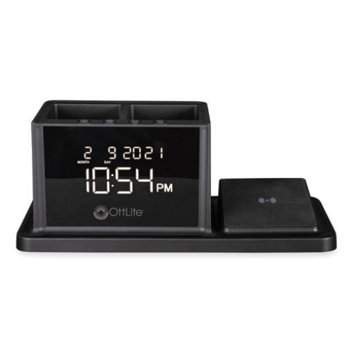 Picture of Desktop Organizer w/LED Alarm Clock/Device Charger, 2 Compartments, 10.68 x 4.88 x 4.32, Black, Plastic,Ships in 1-3 Bus Days