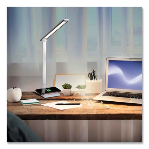 Picture of Wellness Series Entice LED Desk Lamp with Wireless Charging, Silver Arm, 11" to 22" High, White, Ships in 1-3 Business Days