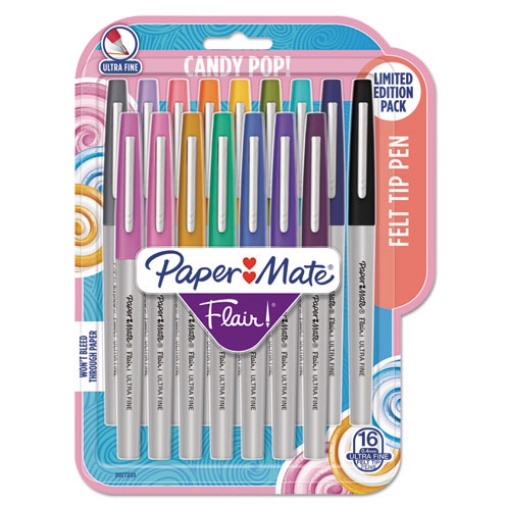 Picture of Flair Felt Tip Porous Point Pen, Stick, Extra-Fine 0.4 Mm, Assorted Ink Colors, Gray Barrel, 16/pack