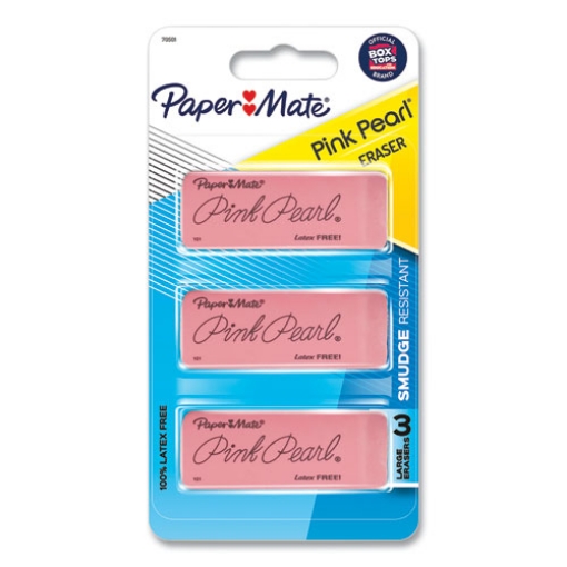 Picture of Pink Pearl Eraser, For Pencil Marks, Rectangular Block, Large, Pink, 3/pack