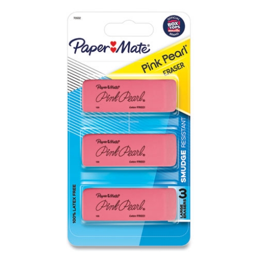 Picture of Pink Pearl Eraser, For Pencil Marks, Rectangular Block, Medium, Pink, 3/pack