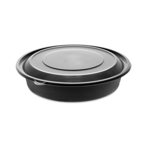 Picture of EarthChoice MealMaster Container with Lid, 48 oz, 10.13" Diameter x 2.13"h, 1-Compartment, Black/Clear, Plastic, 150/Carton