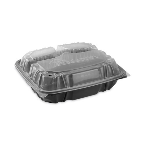 Picture of earthchoice vented dual color microwavable hinged lid container, 3-comp base/lid, 34 oz, 10.5x9.5x3, blk/clr, plastic, 132/ct