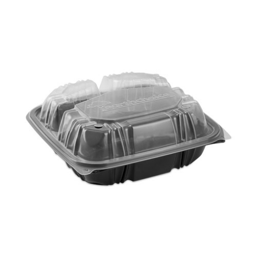 Picture of EarthChoice Vented Dual Color Microwavable Hinged Lid Container, 33oz, 8.5x8.5x3, 3-Compartment, Black/Clear, Plastic, 150/CT