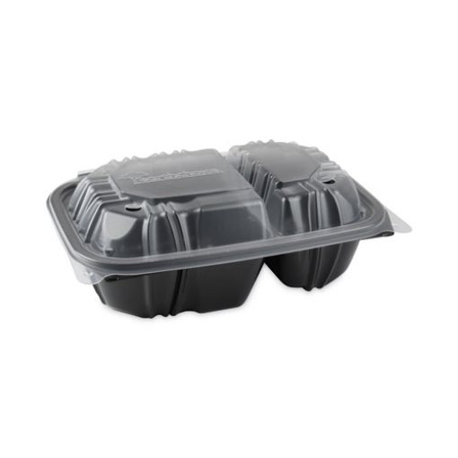 Picture of EarthChoice Vented Dual Color Microwavable Hinged Lid Container, 2-Compartment, 20 oz, 9x6x3, Black/Clear, Plastic, 140/CT