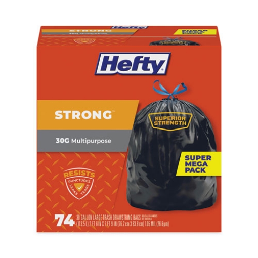 Picture of Strong Multipurpose Drawstring Trash Bags, 30 gal, 1.1 mil, 30" x 33", Black, 74/Box, 3 Boxes/Carton