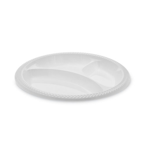 Picture of Meadoware Impact Plastic Dinnerware, 3-Compartment Plate, 10.25" dia, White, 500/Carton