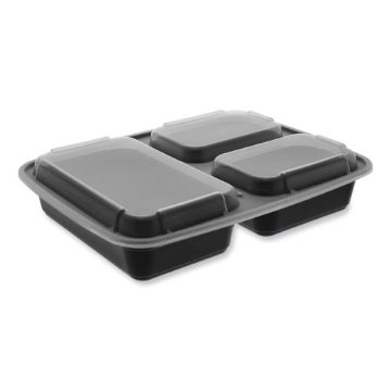 Picture of newspring delitainer microwavable container, 32 oz, 7.5 x 9.87 x 1.75, black/clear, plastic, 150/carton