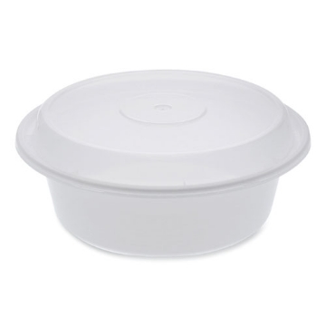 Picture of newspring versatainer microwavable containers, round, 32 oz, 7 x 7 x 2.75, white/clear, plastic, 150/carton