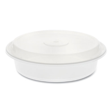 Picture of newspring versatainer microwavable containers, round, 35 oz, 8 x 8 x 2.5, white/clear, plastic, 150/carton