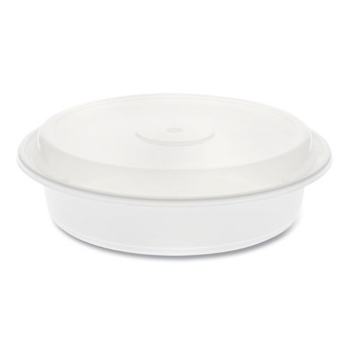 Picture of newspring versatainer microwavable containers, round, 35 oz, 8 x 8 x 2.5, white/clear, plastic, 150/carton